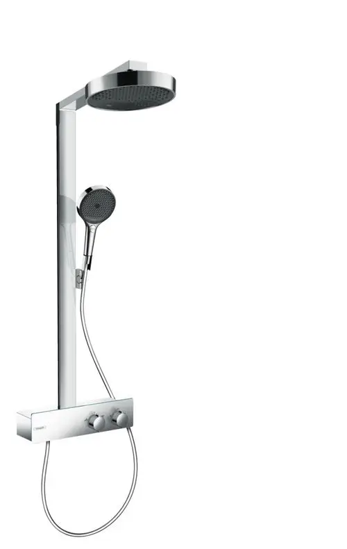 Hansgrohe Duschsystem mit Regenbrause und Handbrause, verbunden durch eine flexible Schlauchleitung. Bedienung über ein Bedienteil mit Reglern zur Temperatureinstellung.